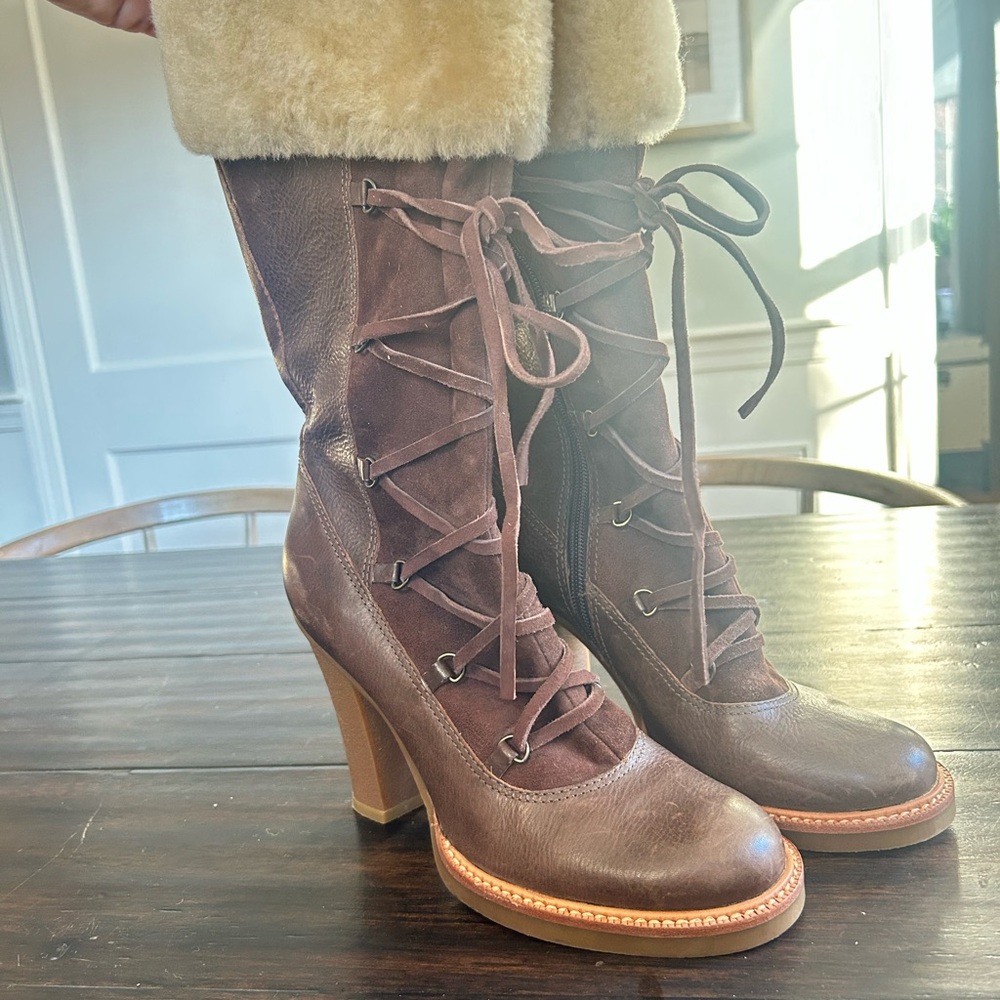 Brown Lace-Up Heeled Boots